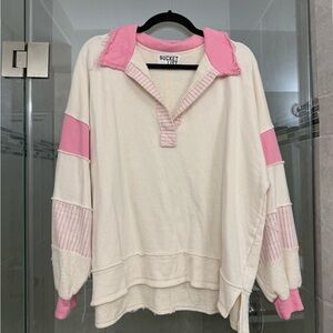 BUCKETLIST Women's V-Neck Sweater in Pink and Cream